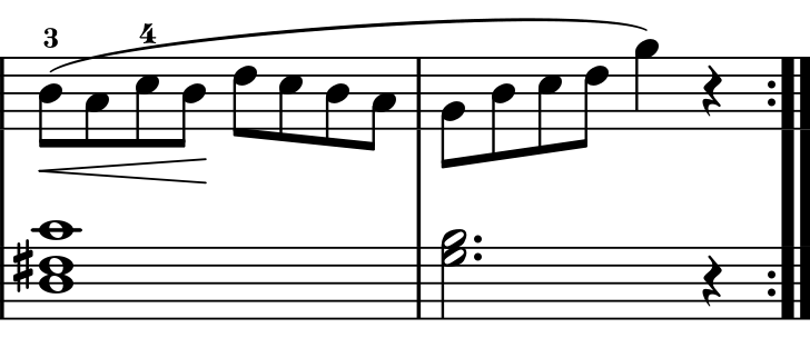 Bars 7–8: a left-hand F-sharp leads towards G harmony; both hands have a quarter rest on beat four of bar 8, before the repeat sign