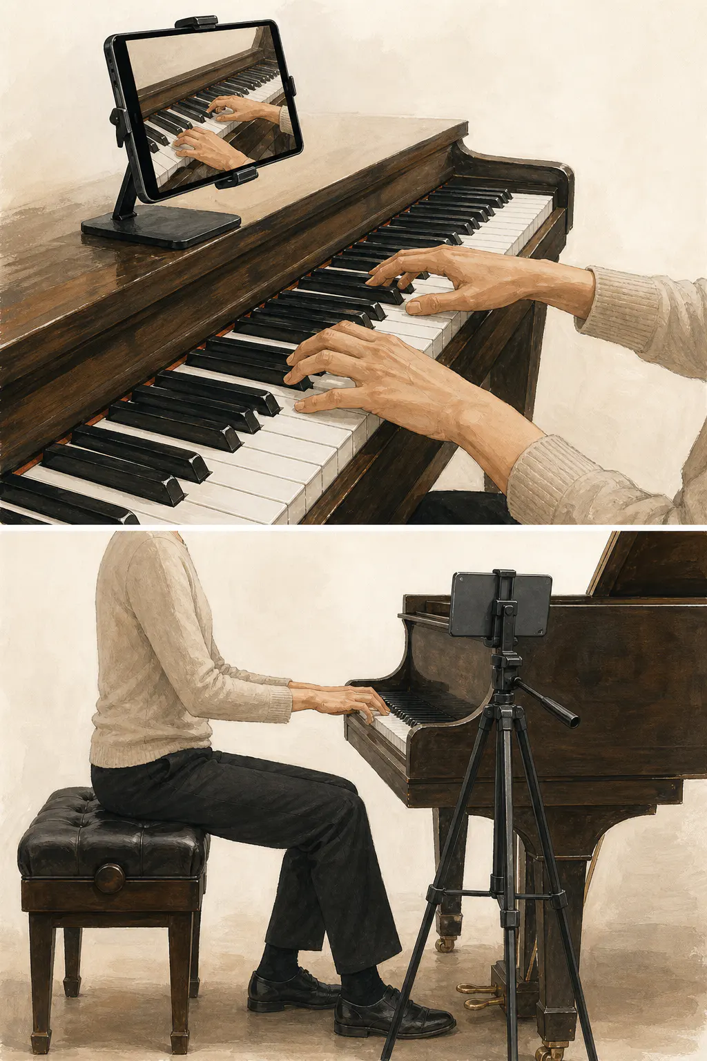 Two-panel illustration showing a closer camera view of a pianist’s hands at the keyboard and a wider side view with a tablet on a tripod capturing the pianist’s posture.