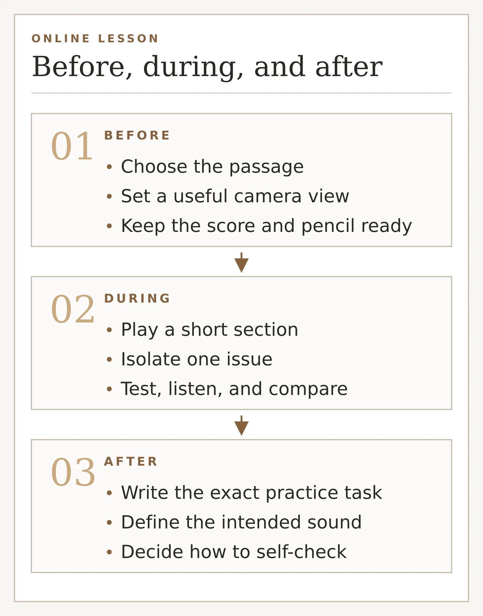 Three-stage online lesson plan: prepare the passage and camera, isolate and test one issue during the lesson, then leave with a task, intended sound, and self-check.